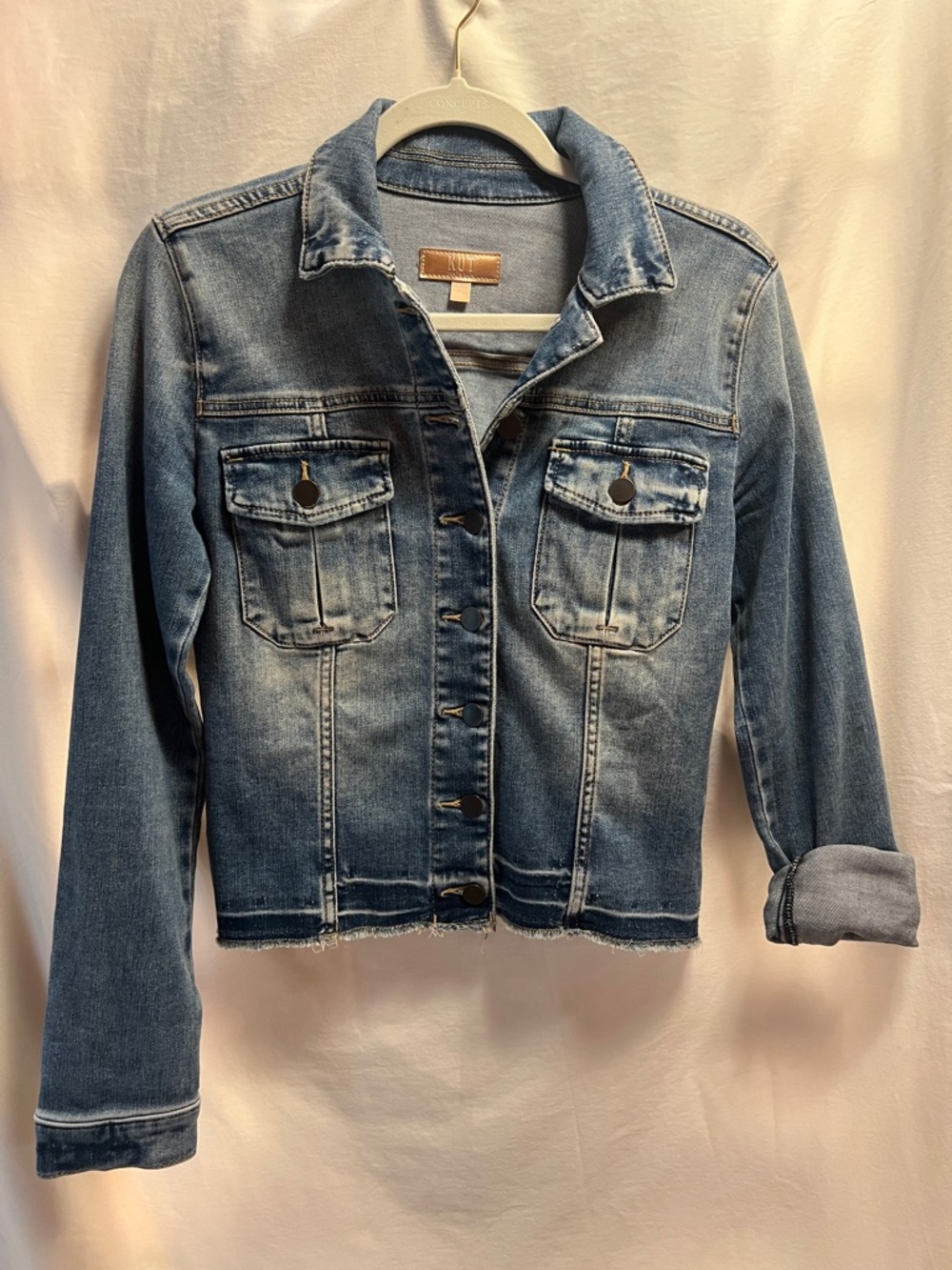 Kut from the Kloth Frayed Hem Faded Blue Denim Jacket